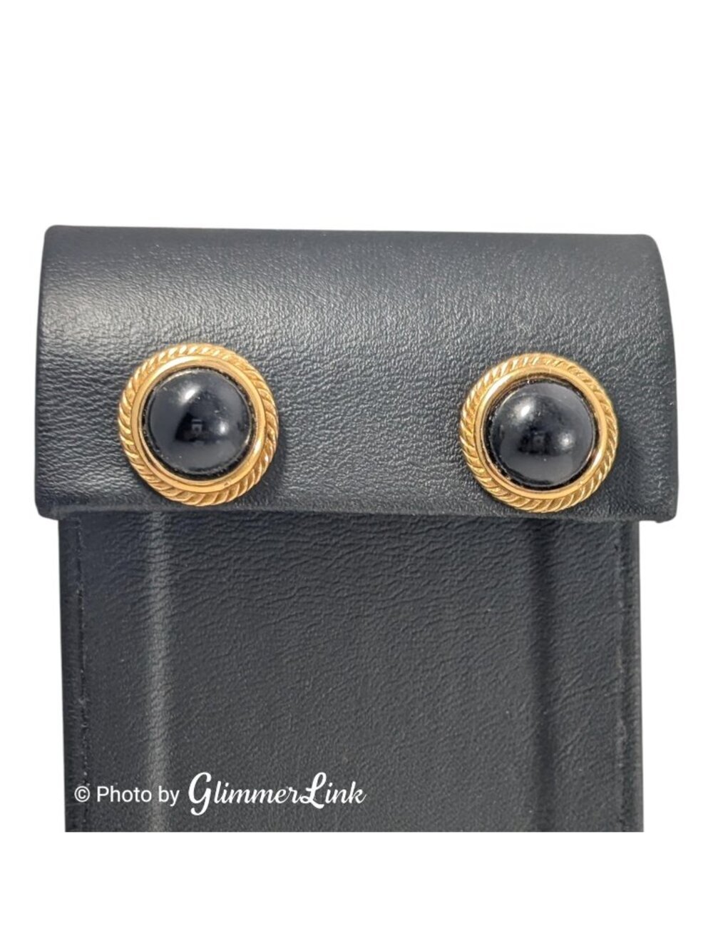 Vintage Black Cabochon Gold Tone Rope Border Stud Earrings